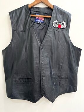 Vintage USA Leather Black Biker Vest Lady Rider Patch Snap Front Size Womens 4XL